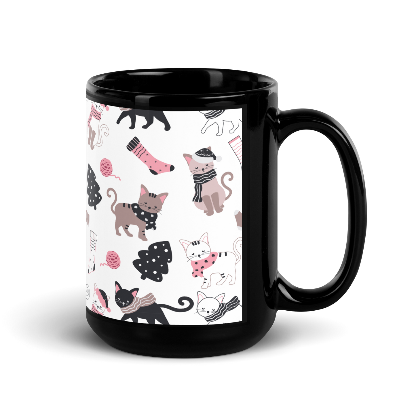 Winter Christmas Cat | Seamless Patterns | Black Glossy Mug - #3