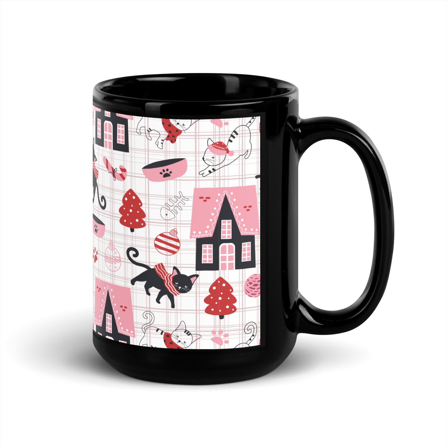 Winter Christmas Cat | Seamless Patterns | Black Glossy Mug - #5