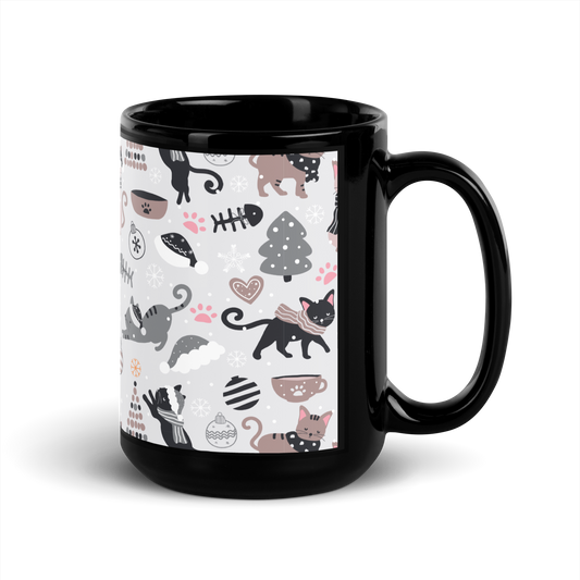 Winter Christmas Cat | Seamless Patterns | Black Glossy Mug - #6