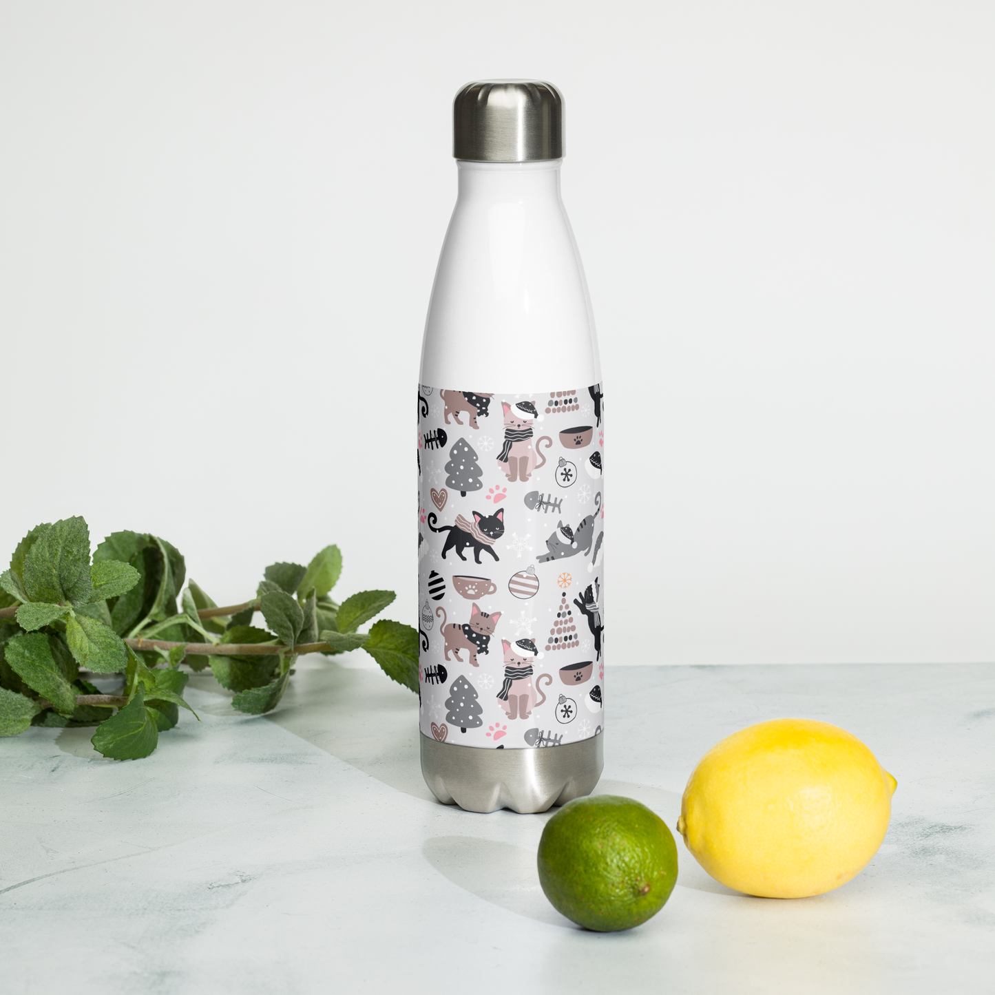 Winter Christmas Cat | Seamless Patterns | Stainless Steel Water Bottle - #6