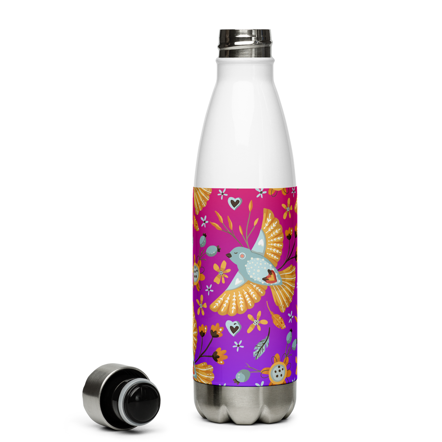 Pink & Purple | Boho Birds Pattern | Bohemian Style | Stainless Steel Water Bottle - #1