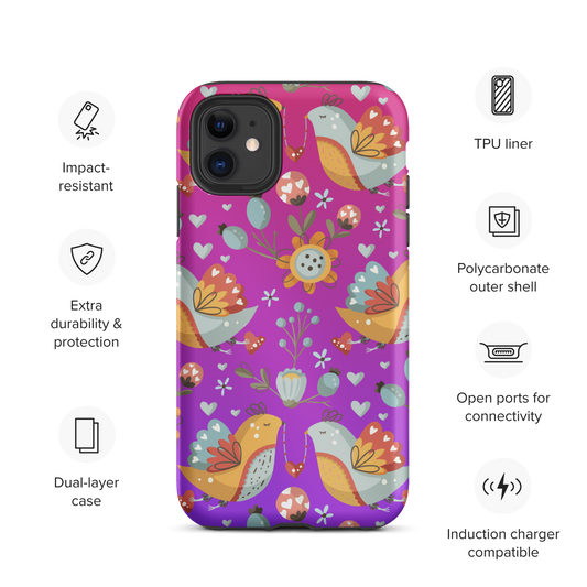 Pink & Purple | Boho Birds Pattern | Bohemian Style | Tough iPhone Case - #2