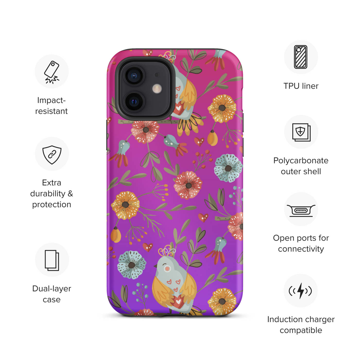 Pink & Purple | Boho Birds Pattern | Bohemian Style | Tough iPhone Case - #5