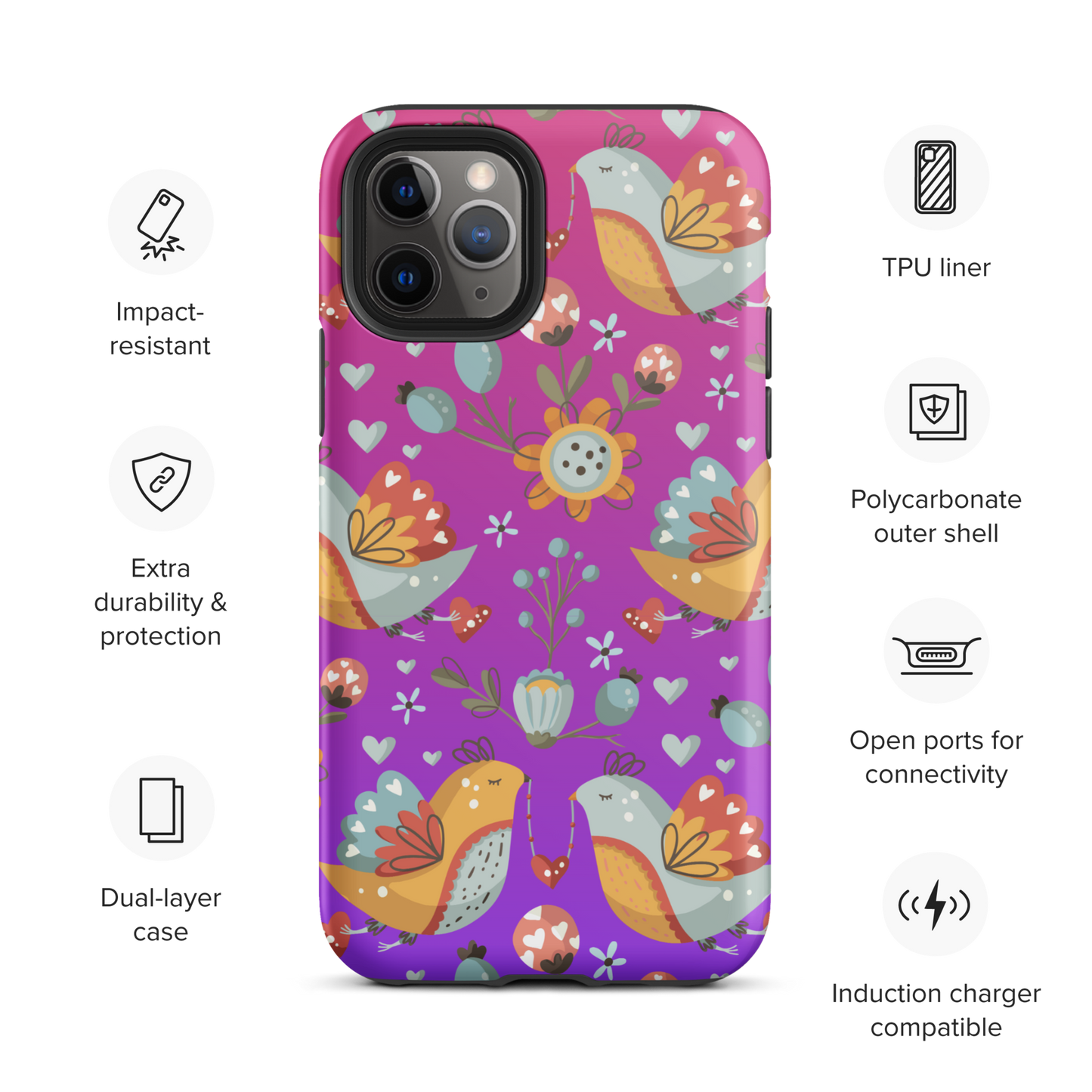 Pink & Purple | Boho Birds Pattern | Bohemian Style | Tough iPhone Case - #2
