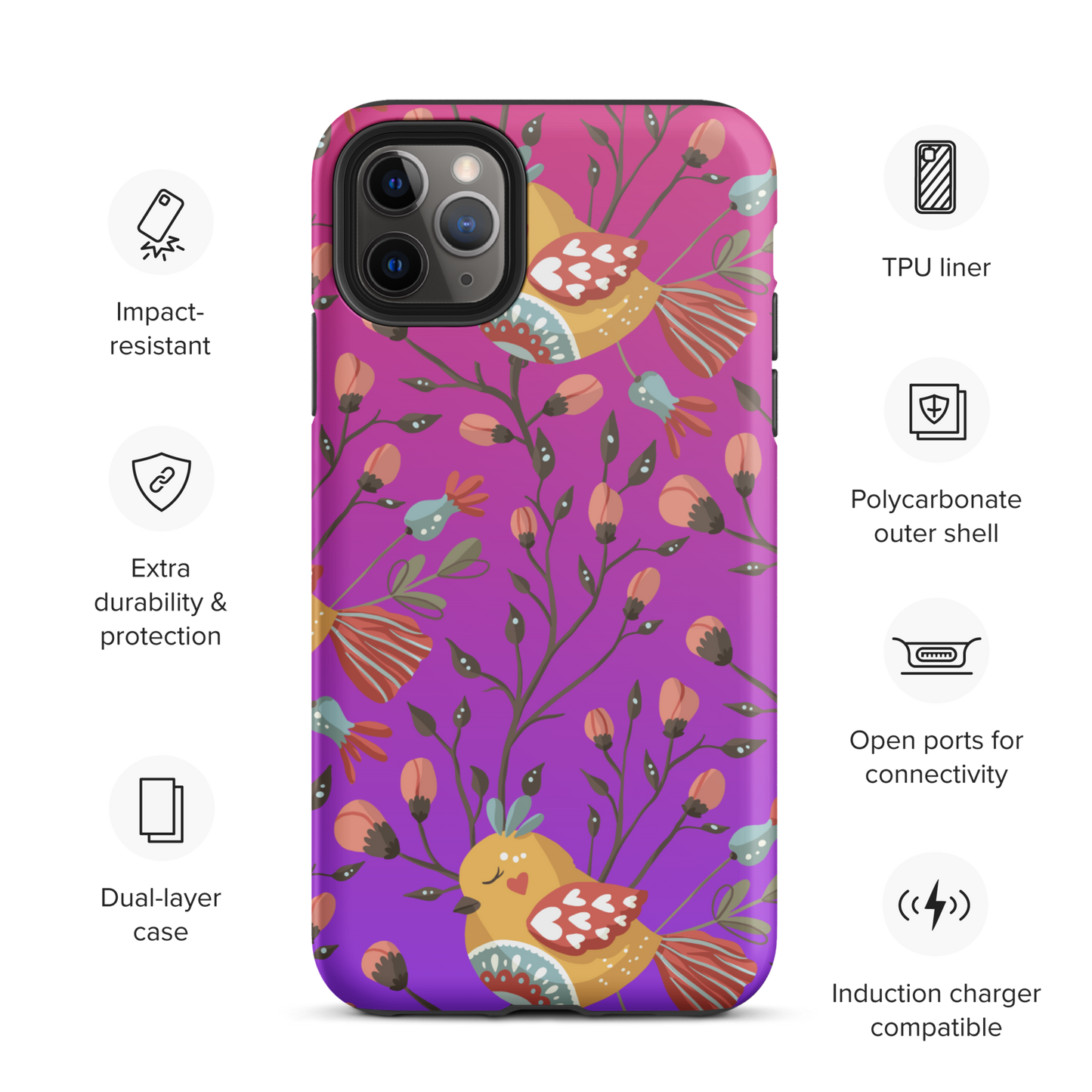 Pink & Purple | Boho Birds Pattern | Bohemian Style | Tough iPhone Case - #3