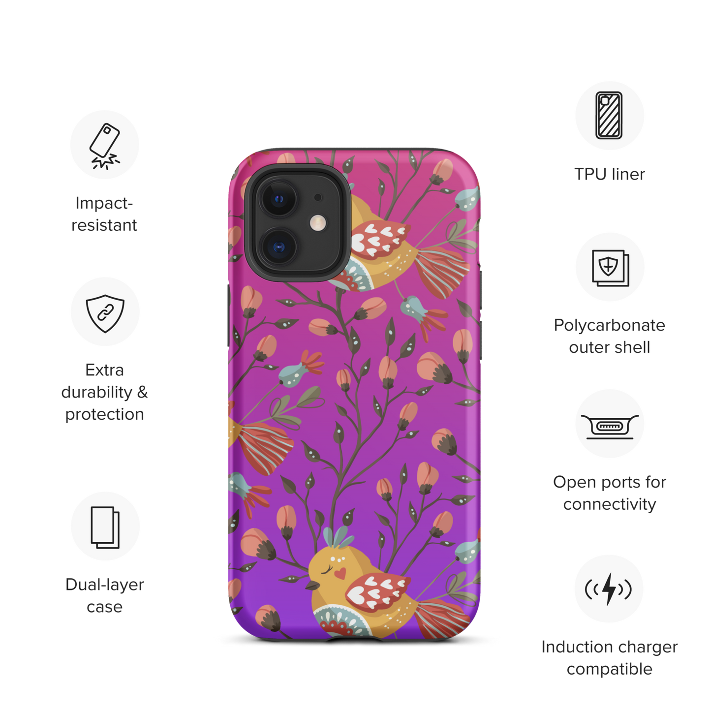 Pink & Purple | Boho Birds Pattern | Bohemian Style | Tough iPhone Case - #3