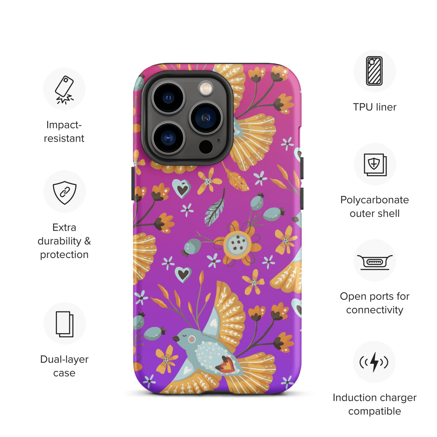 Pink & Purple | Boho Birds Pattern | Bohemian Style | Tough iPhone Case - #1