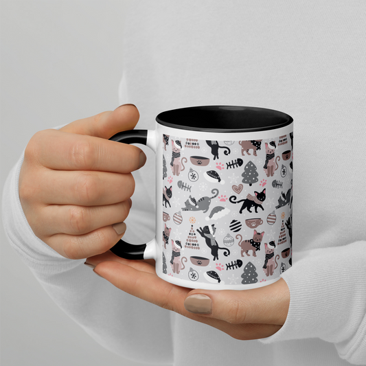 Winter Christmas Cat | Seamless Patterns | White Ceramic Mug with Color Inside - #6