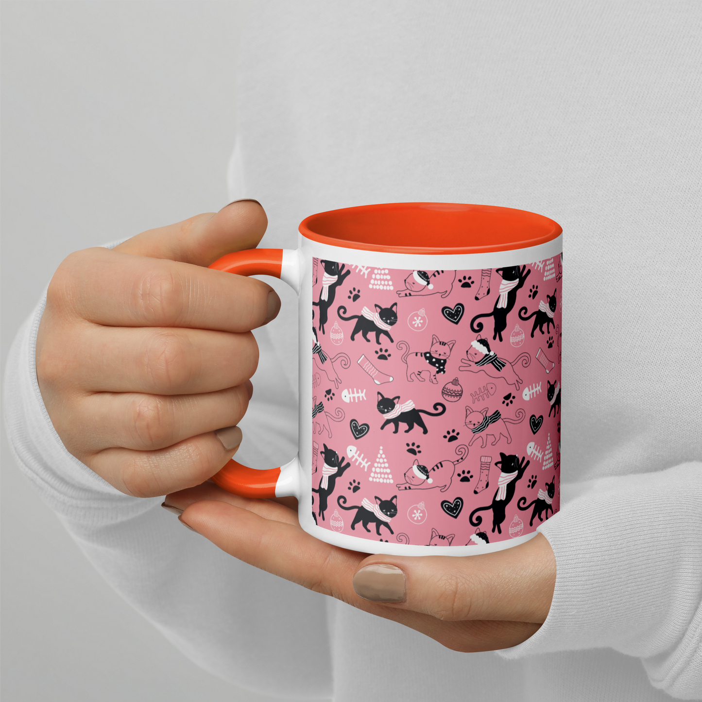 Winter Christmas Cat | Seamless Patterns | White Ceramic Mug with Color Inside - #2