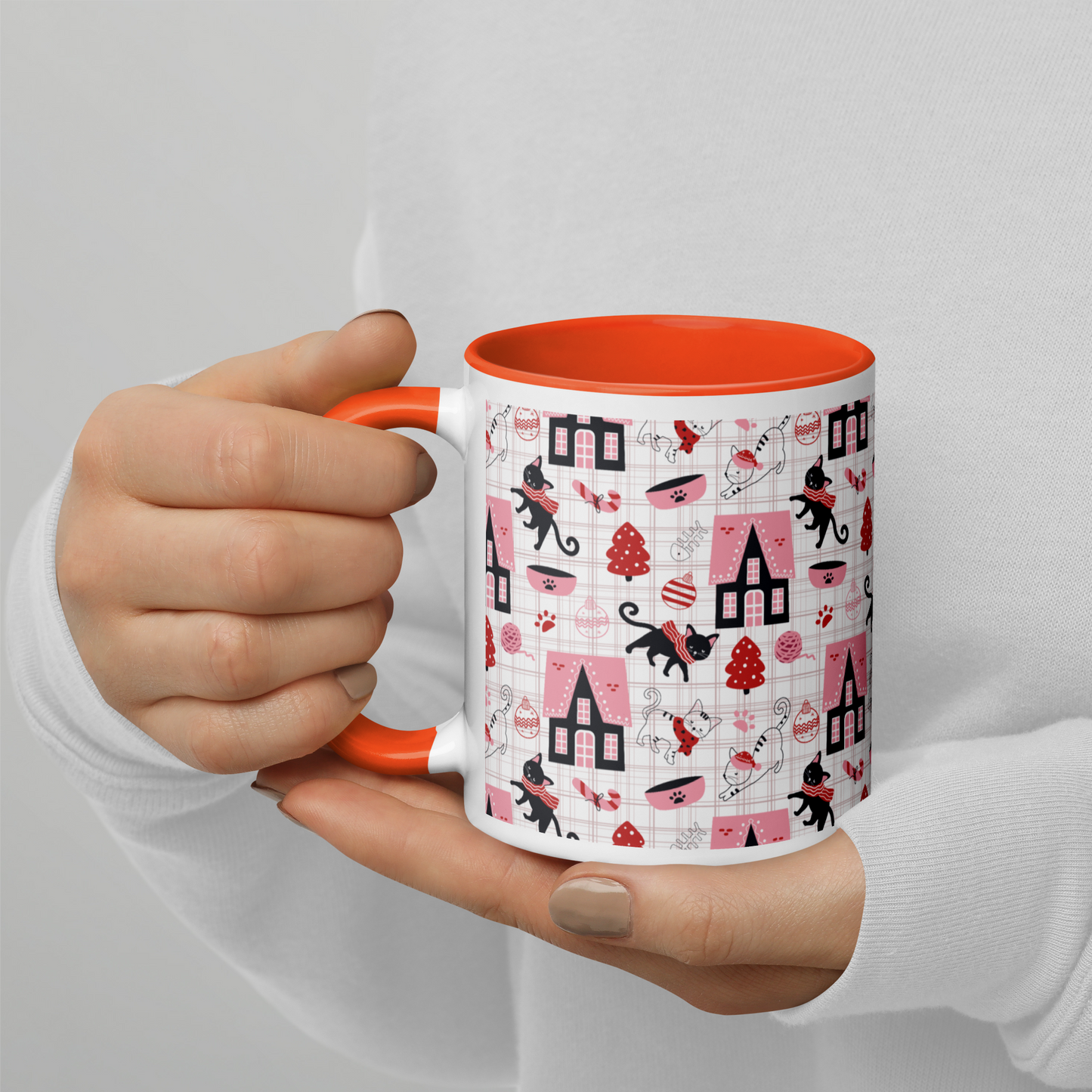 Winter Christmas Cat | Seamless Patterns | White Ceramic Mug with Color Inside - #5