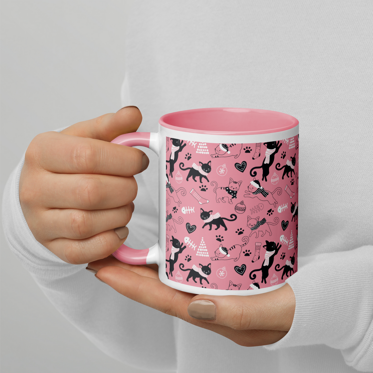 Winter Christmas Cat | Seamless Patterns | White Ceramic Mug with Color Inside - #2