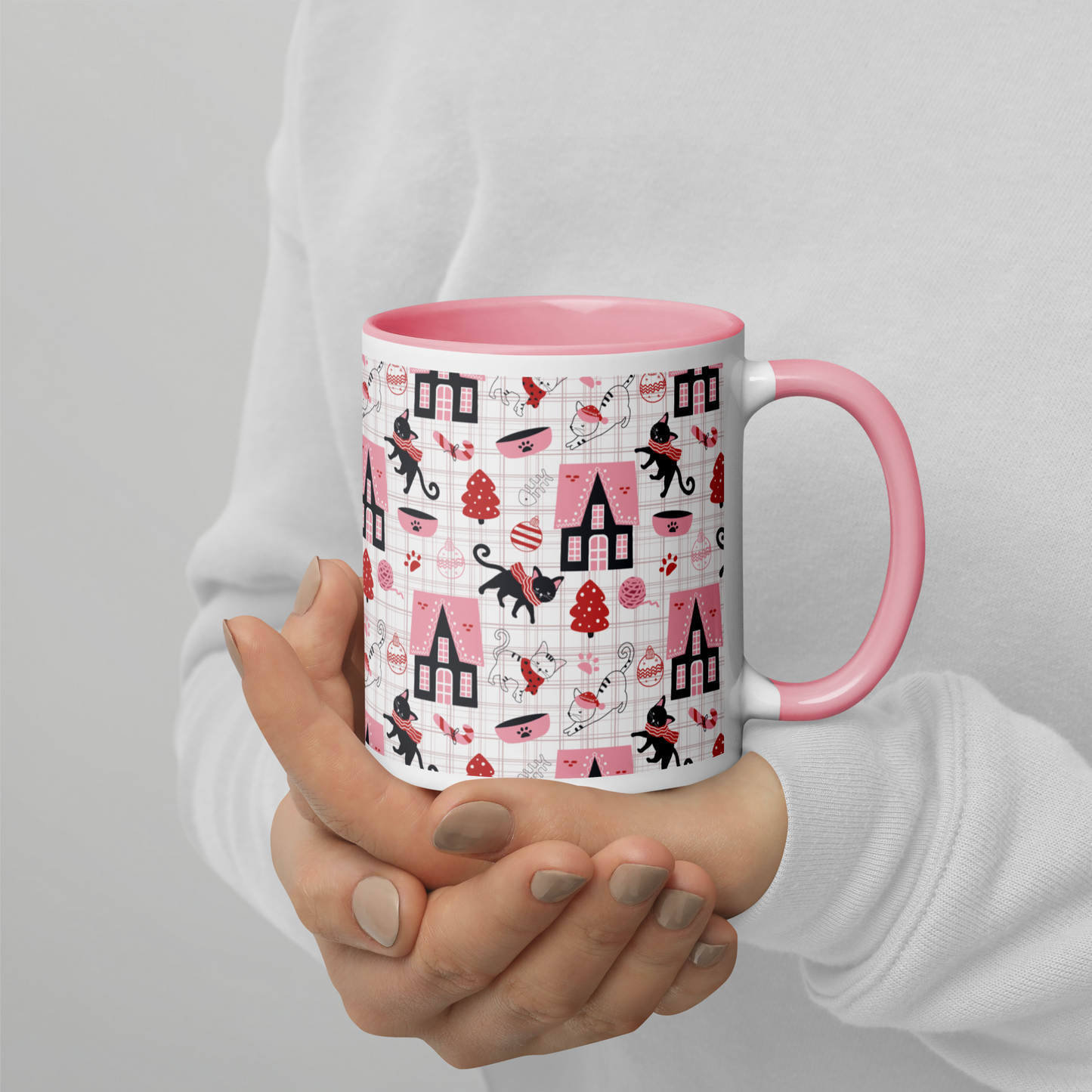 Winter Christmas Cat | Seamless Patterns | White Ceramic Mug with Color Inside - #5