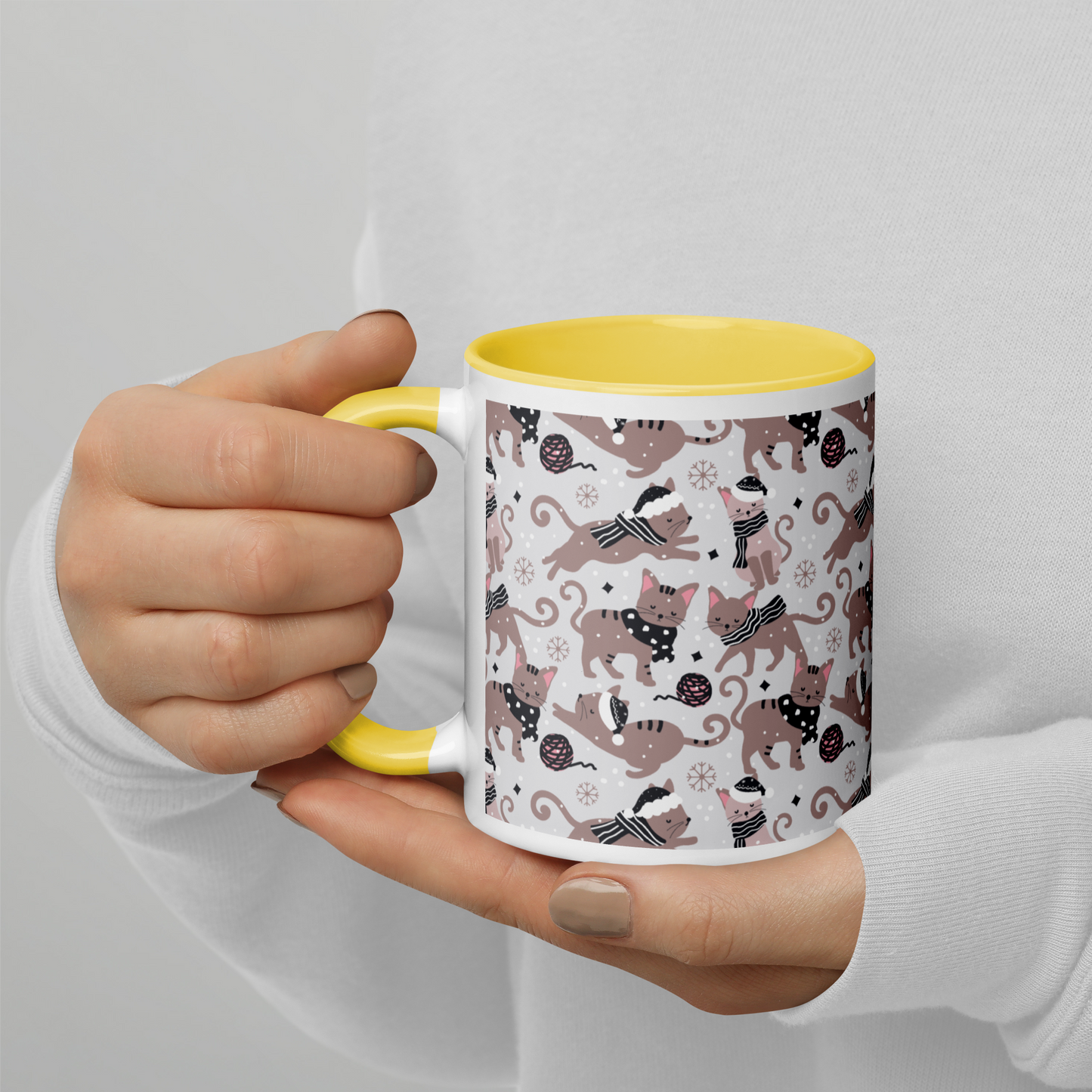 Winter Christmas Cat | Seamless Patterns | White Ceramic Mug with Color Inside - #1