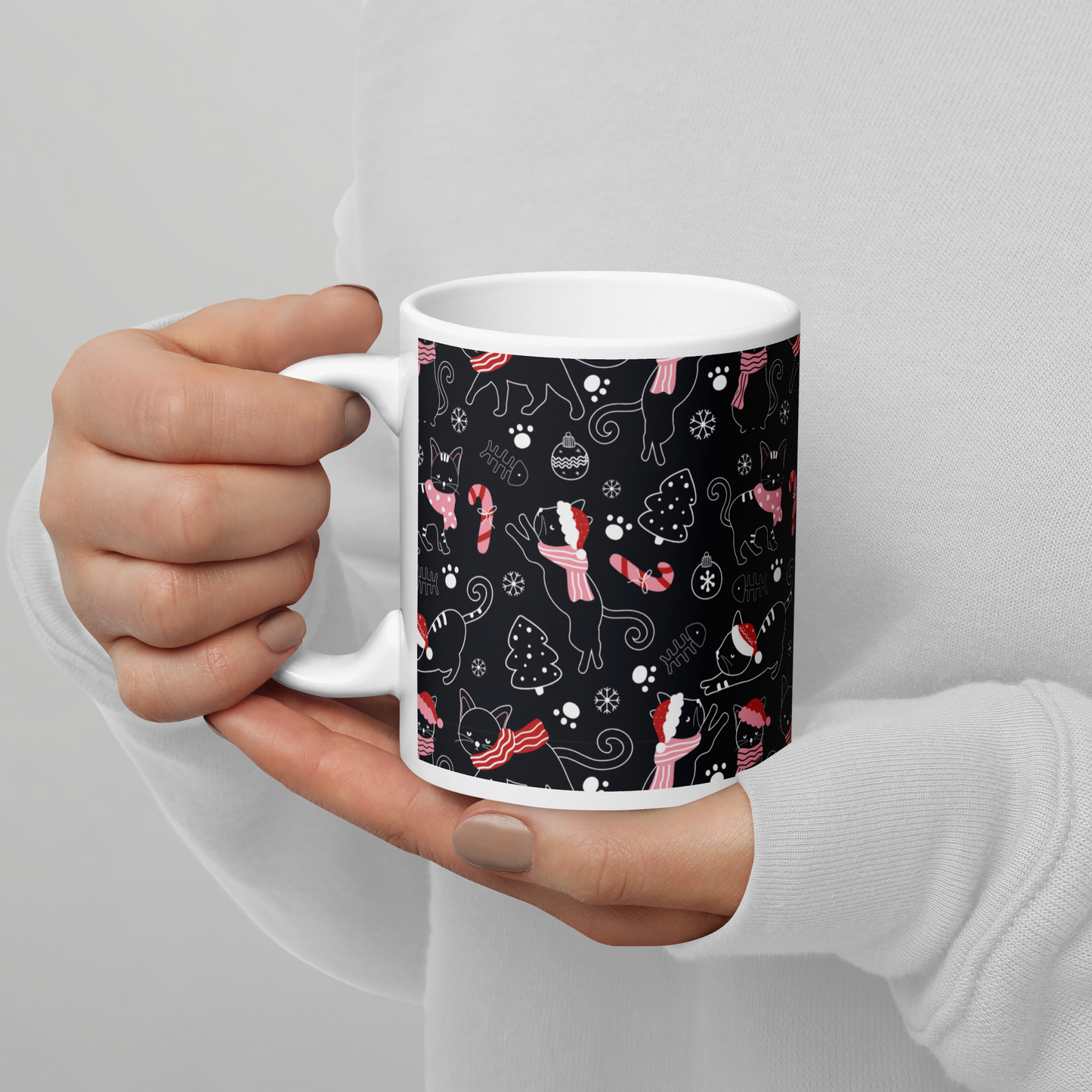 Winter Christmas Cat | Seamless Patterns | White Glossy Mug - #4