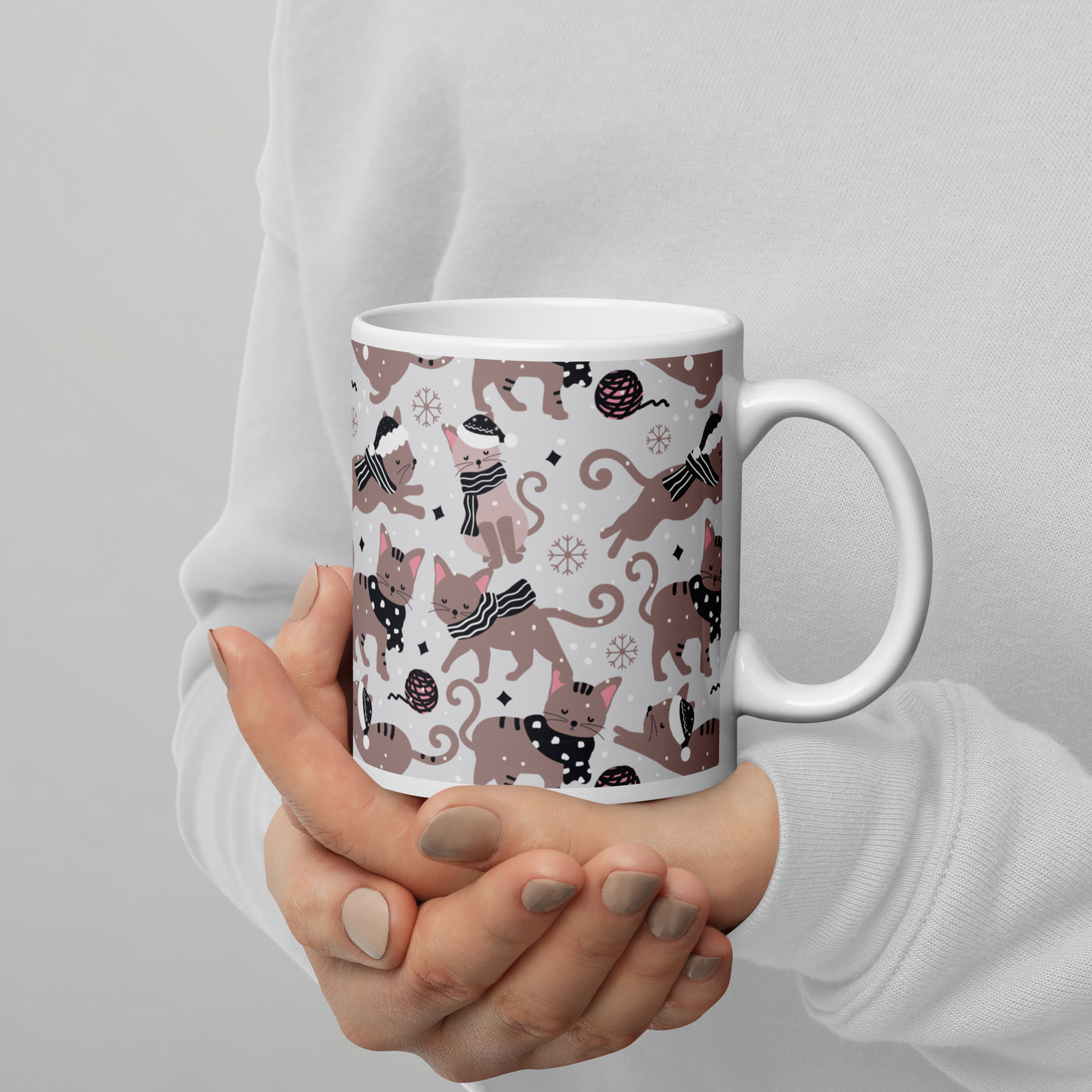 Winter Christmas Cat | Seamless Patterns | White Glossy Mug - #1
