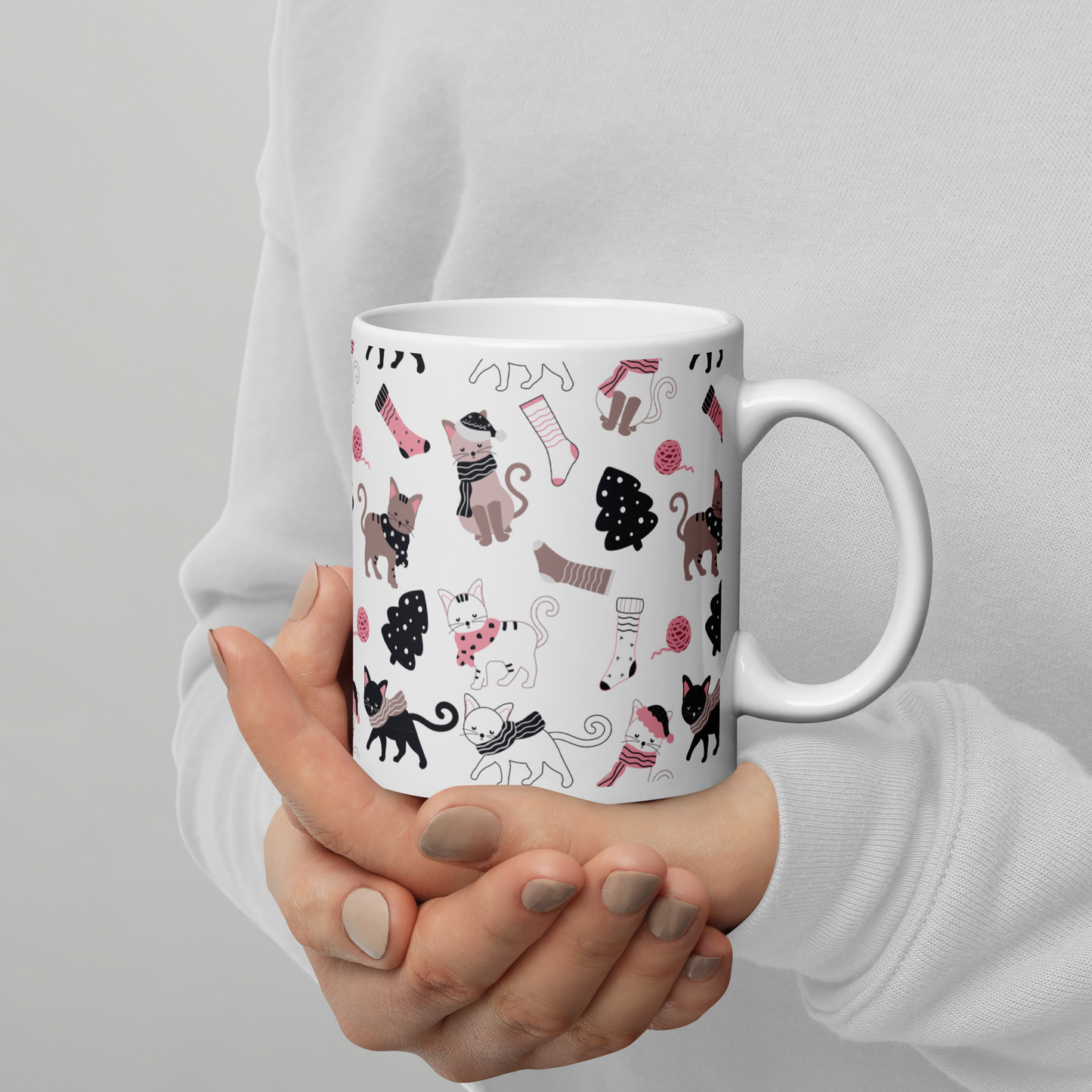 Winter Christmas Cat | Seamless Patterns | White Glossy Mug - #3