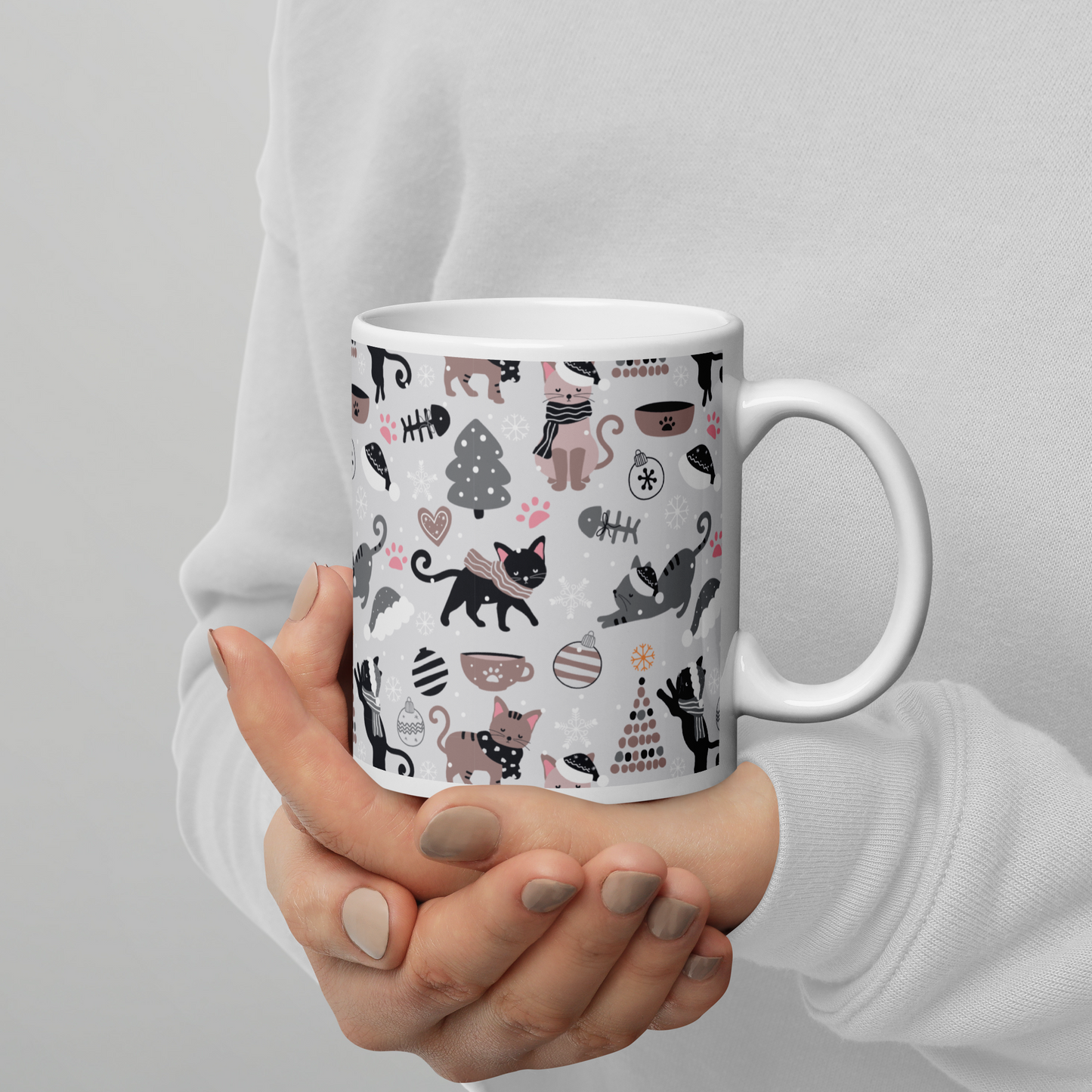 Winter Christmas Cat | Seamless Patterns | White Glossy Mug - #6