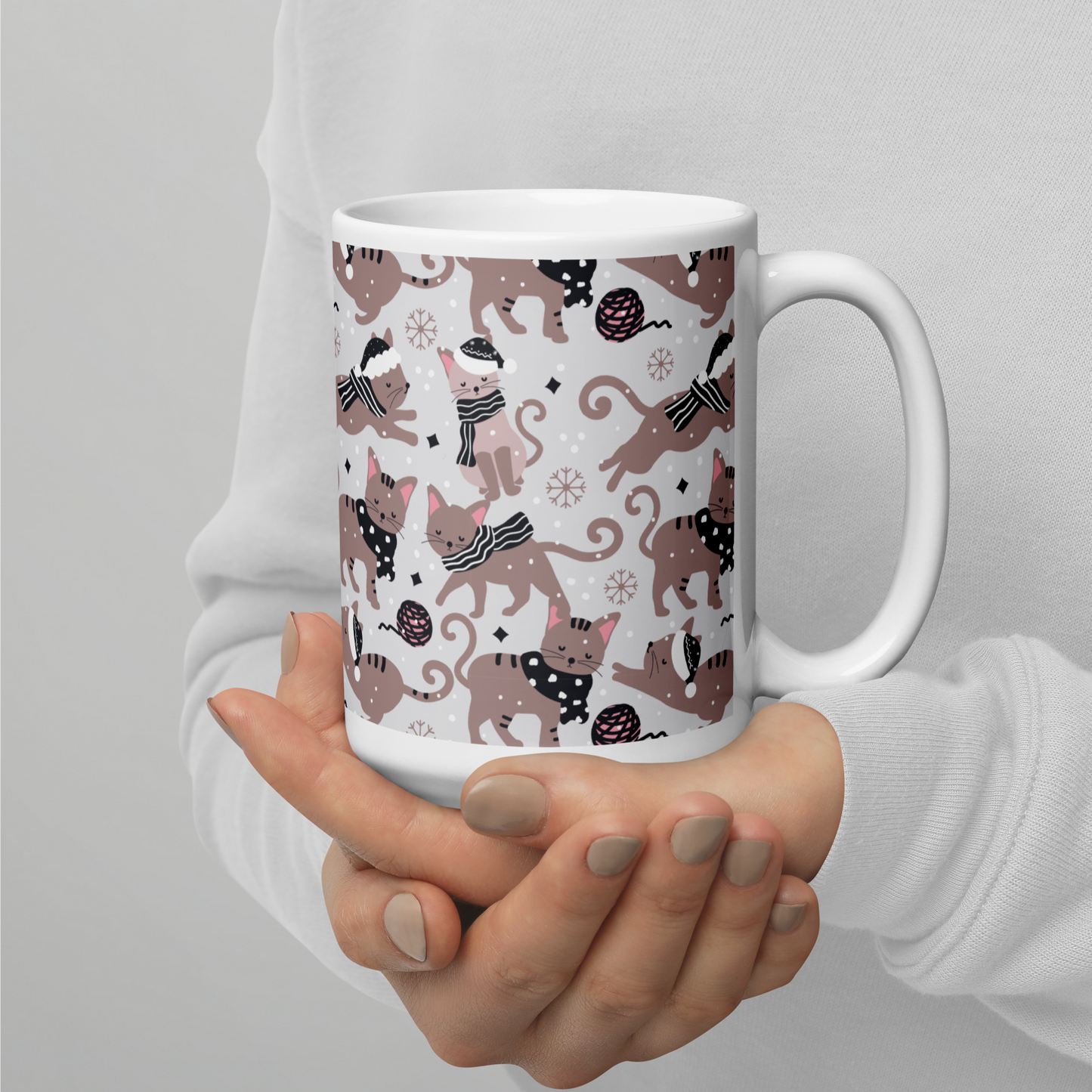 Winter Christmas Cat | Seamless Patterns | White Glossy Mug - #1