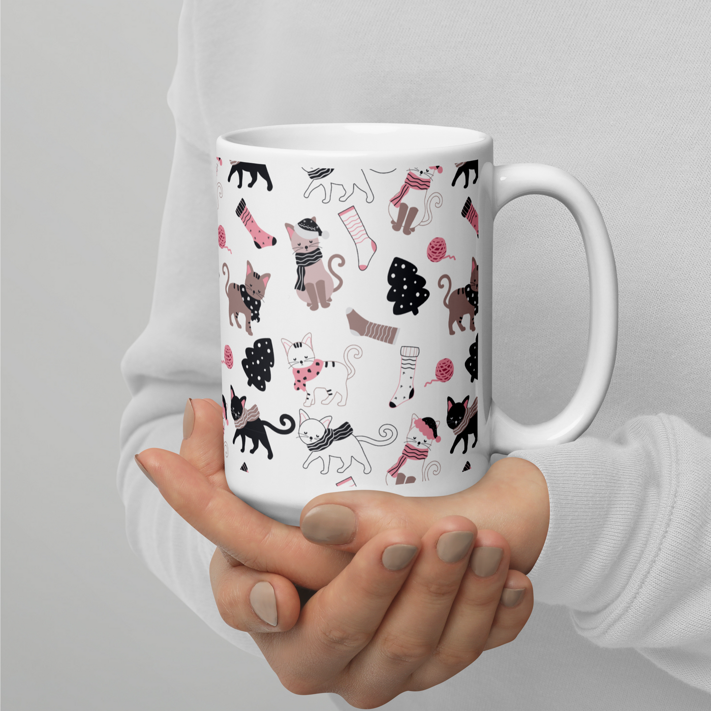 Winter Christmas Cat | Seamless Patterns | White Glossy Mug - #3