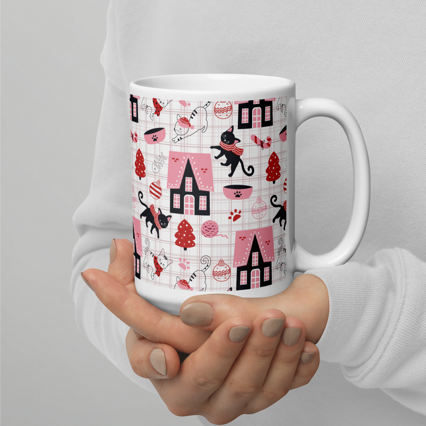 Winter Christmas Cat | Seamless Patterns | White Glossy Mug - #5