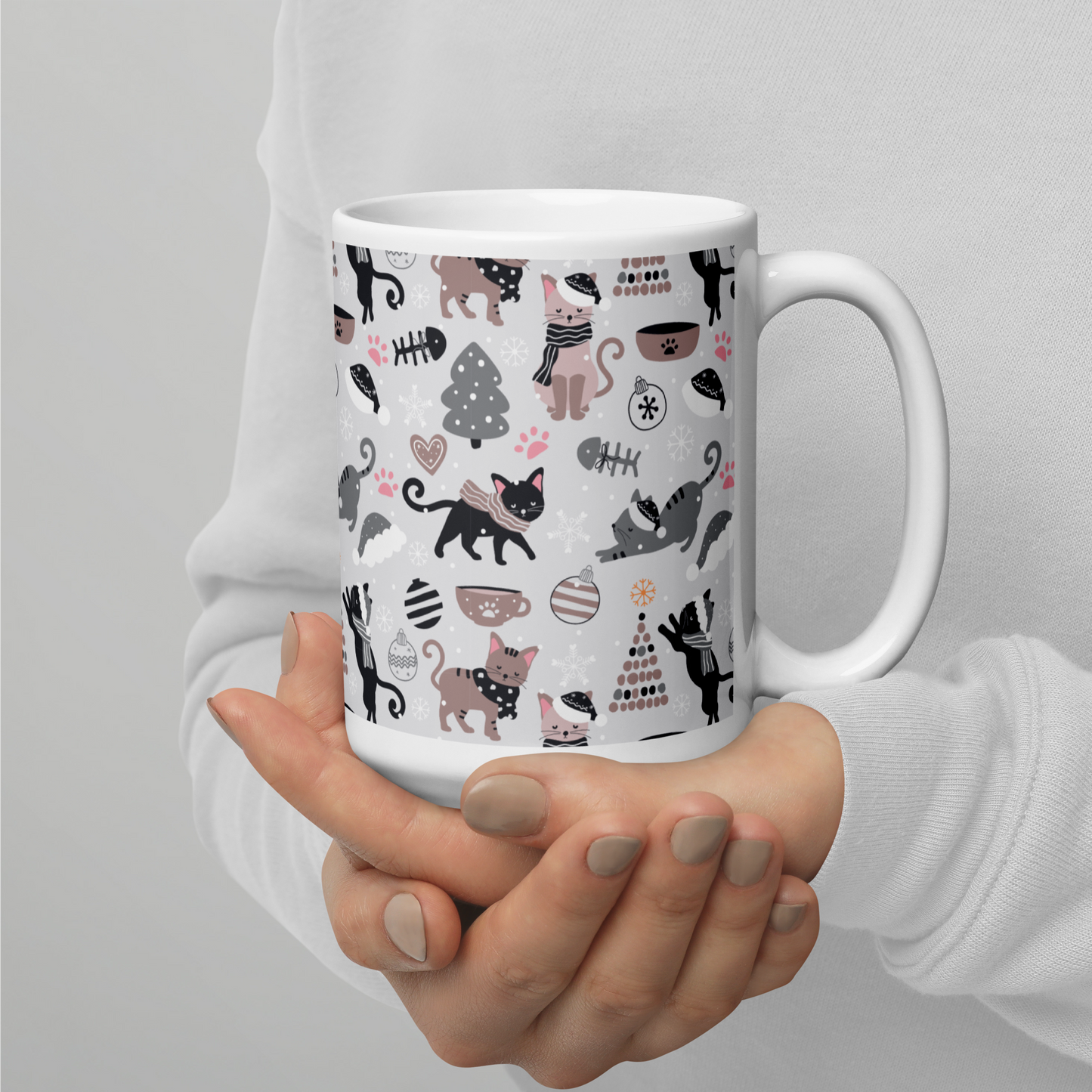 Winter Christmas Cat | Seamless Patterns | White Glossy Mug - #6
